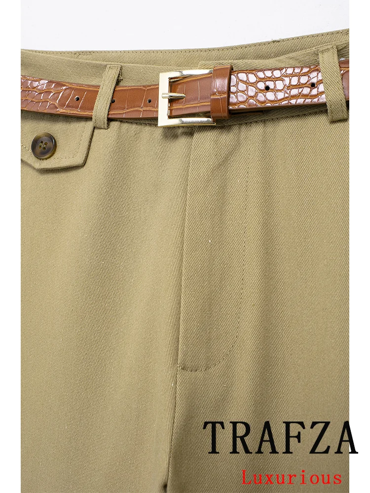 Trafza Vintage Casual Chic Damesbroek Effen Sjerpen Zakken Rechte Losse Broek Nieuwe Mode 2024 Lente Zomervakantiebroek