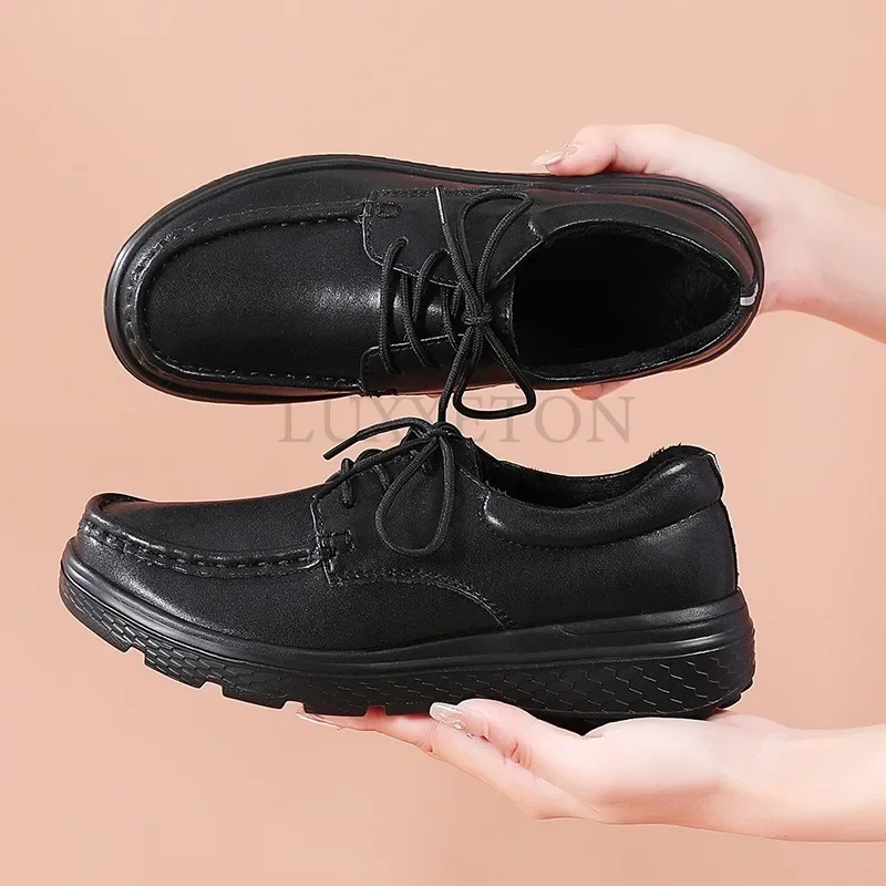 Genuine Leather Lace Up Nurse Shoes for Women Soft Soles in Autumn and Winter Plush Thick Soles Anti Slip Bottomed Work Shoes