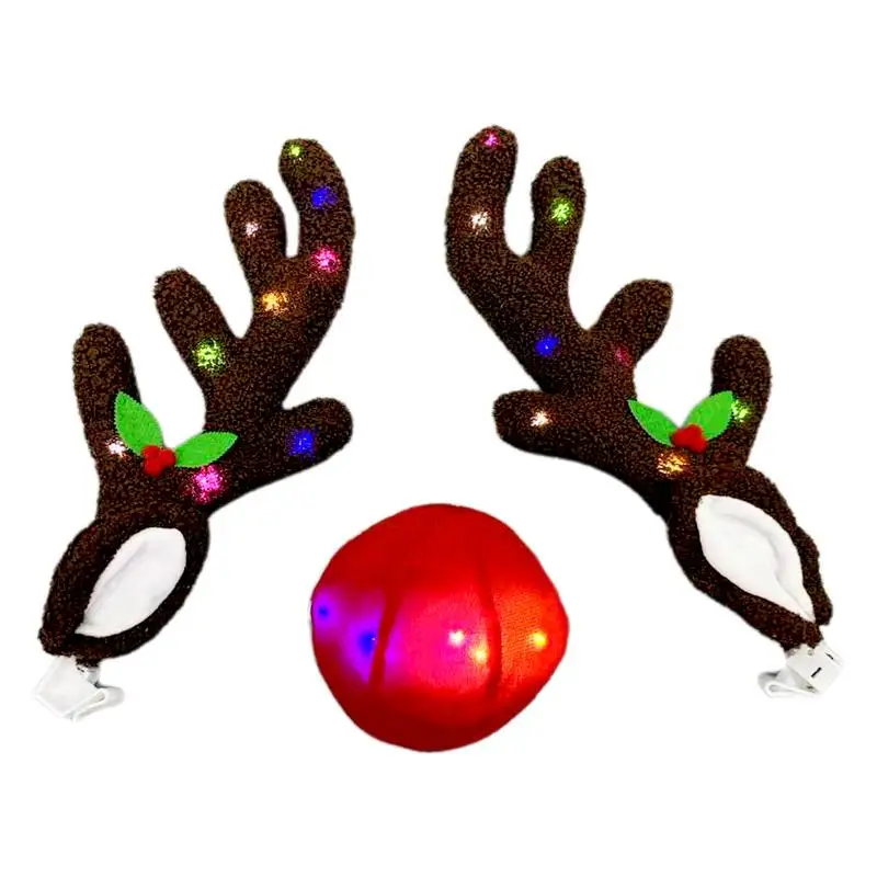 LED Car Reindeer Antlers Creative Reindeer Antlers Nose Kit Cute Vehicle Decorations Car Costume Accessories For Trucks Cars