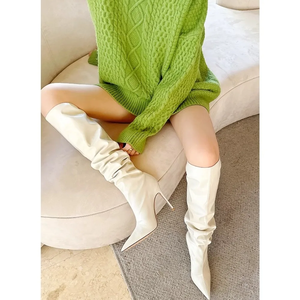 

Women Boots 2025 New Autumn Winter White Knee High Folded Stacked Boots Pointed Toe Heels Tall Boots