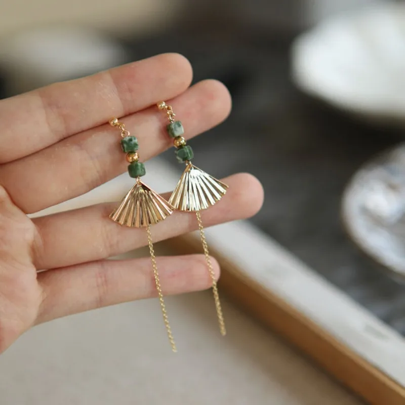 Vintage Gradient green square earings Drop fashion trend High quality tassels glossy fan earrings for women elegant jewelry