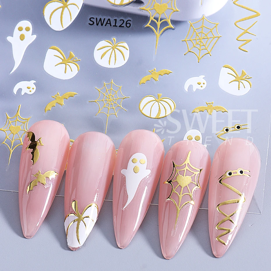 Autocollants pour ongles Halloween 3D en métal, toile d'araignée d'amour fantôme citrouille feuille d'érable, décalcomanies auto-adhésives pour décoration de manucure à faire soi-même, 4 pièces