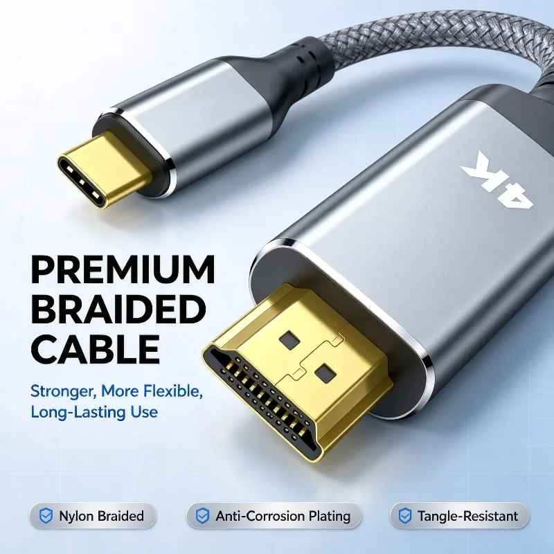 USB Type-C to HDMI-compatible 4K Video Cable Braided Shielded Wire For Laptop Tablet Connect HDTV Monitor Projector Home Office