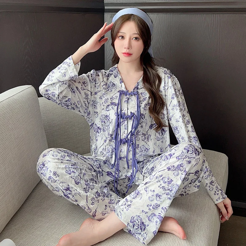 Autumn Winter Velvet Pajamas Women\'s Long Sleeve Velour Retro Print Fashion Polo Collar Cardigan Pants Home Clothes Suit