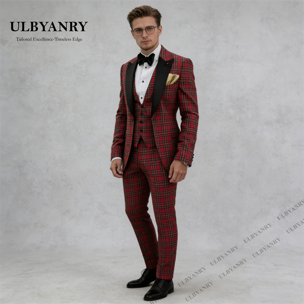 

ULBYANRY Three Piece Men's Red Plaid Tuxedo Jacket Vest Pants Luxury Suit Set Wedding Dinner Suits, Slim Fit Date Gathering Tux