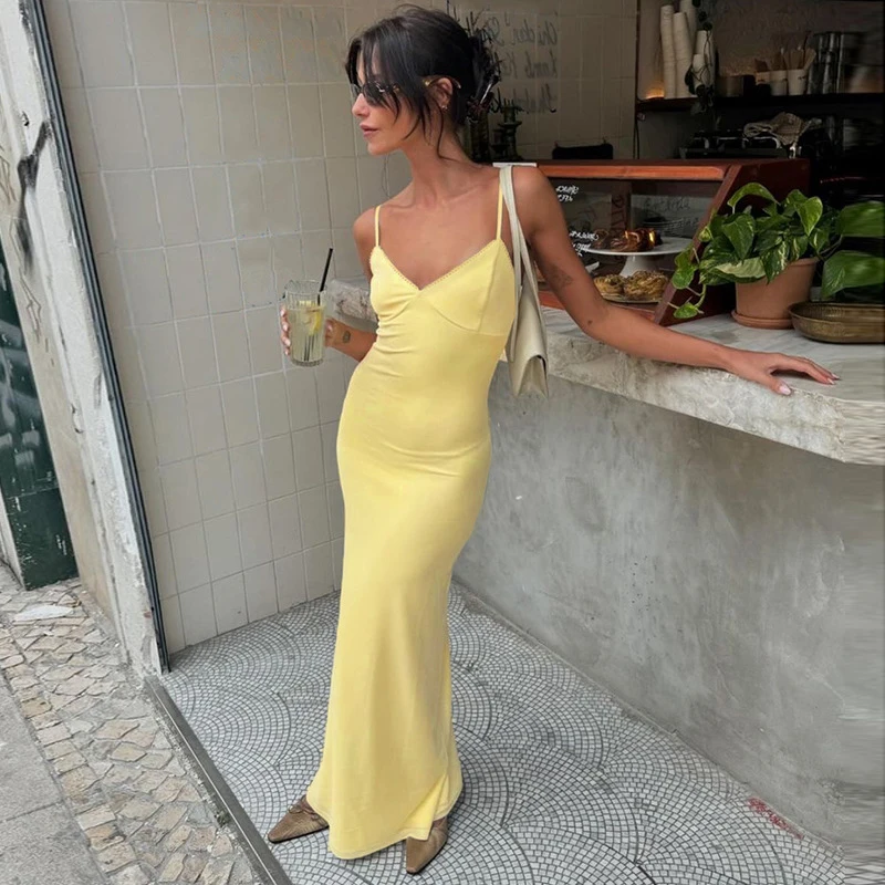 Sexy Spaghetti Strap espalda descubierta corte bajo ceñido Maxi Vestido mujeres sólido elegante Vestido de fiesta 2025 noche de verano graduación Y2K ropa