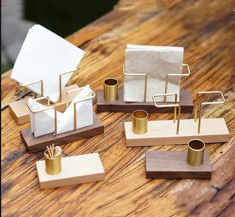 

Brass Wood Napkin Holder Vertical Paper Towel Rack Restaurant Hotel Decorative Tissue Toothpick Box Stand