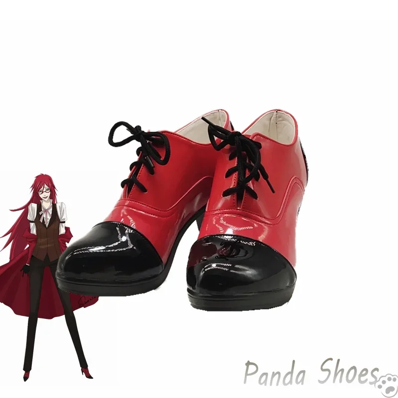 Zapatos de Cosplay de Butler Kuroshitsuji negro, botas rojas de cuero de Anime, Grell sutacantilado, disfraz de utilería para fiesta de Halloween