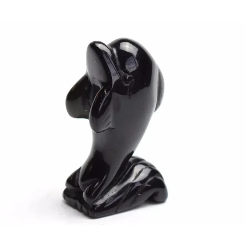 1.9 INCH Natural Black Obsidian Carved Crystal Reiki Healing Dolphin on Pedestal Statue Animal Figurine Home Decoration