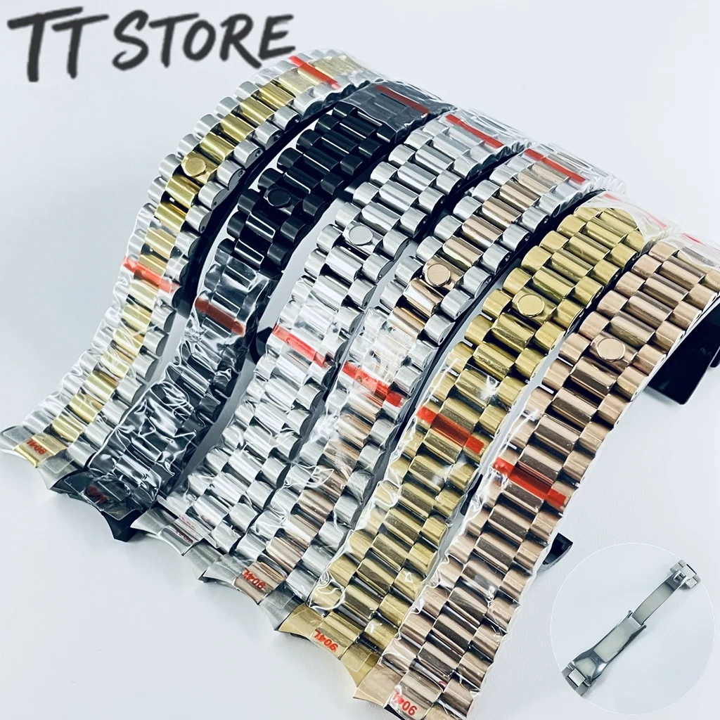 20mm Curved End President Watch Band For Seiko NH35 Datejust 904L Stainless Steel Watch Strap For Silver Gold President Bracelet
