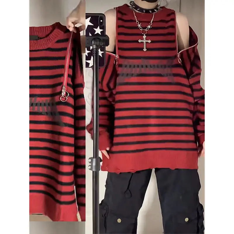 

Color Blocked Striped Sweater Women's Long Sleeved Pullover Shirt Spring Autumn Casual Street Female Zipper Off Shoulder Tops