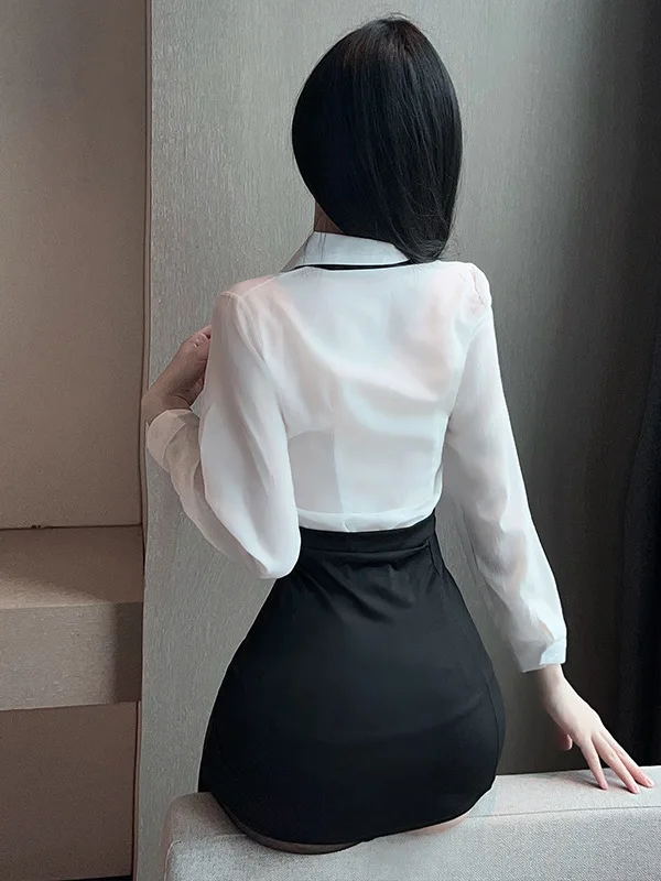 Womengaga Sexy Doorschijnend Transparant Shirt Met Lange Mouwen Mini-Jurk Hete Billen Secretaresse Jurk Elegante Zoete Koreaanse Tops Yvc8