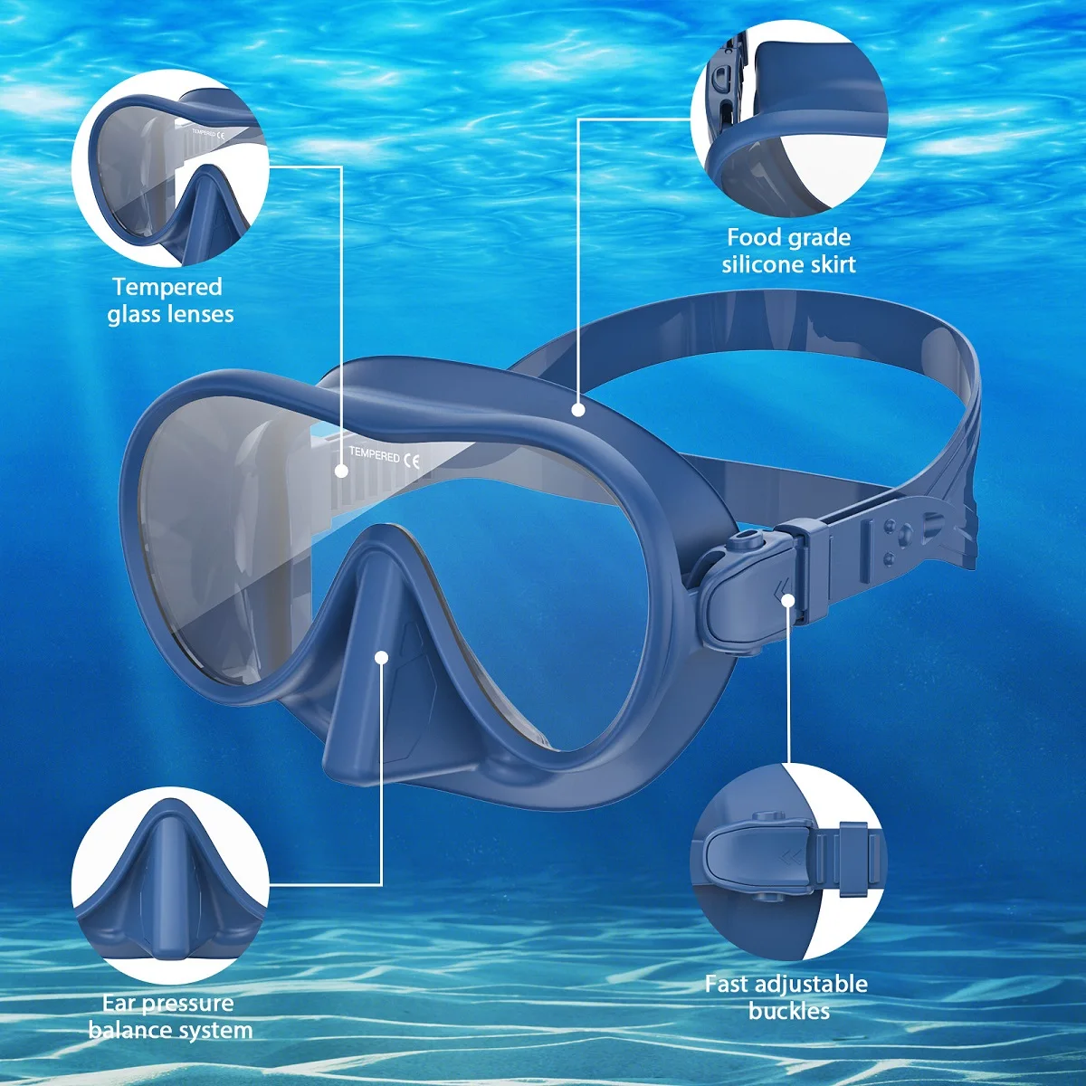 Frameless Diving Mask Adjustable Scuba HD Panoramic Ultra Wide View Tempered Glass Snorkeling Swimming Goggles for Adult Youth
