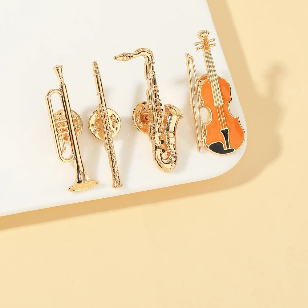 4Styles Classic Trumpet Flute Violin Sax Shaped Golden Pins Musical Instrument Cello Design Brooches Music Theme Badge
