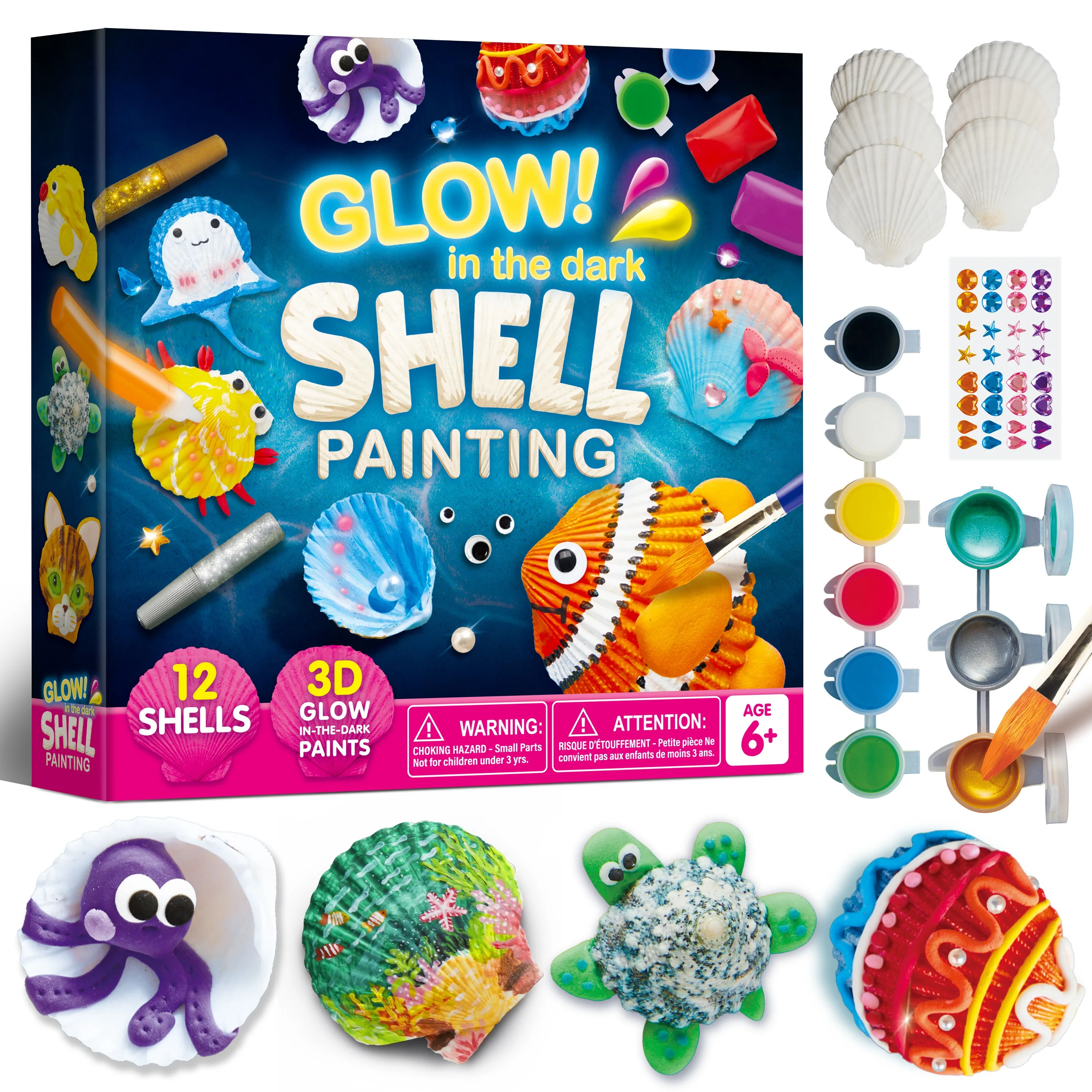 Joyfy kit de pintura de concha de mar infantil, 12 peças, brinquedo que brilha no escuro, artes e artesanato para meninos e meninas de 6 anos ou mais, presente de aniversário e natal