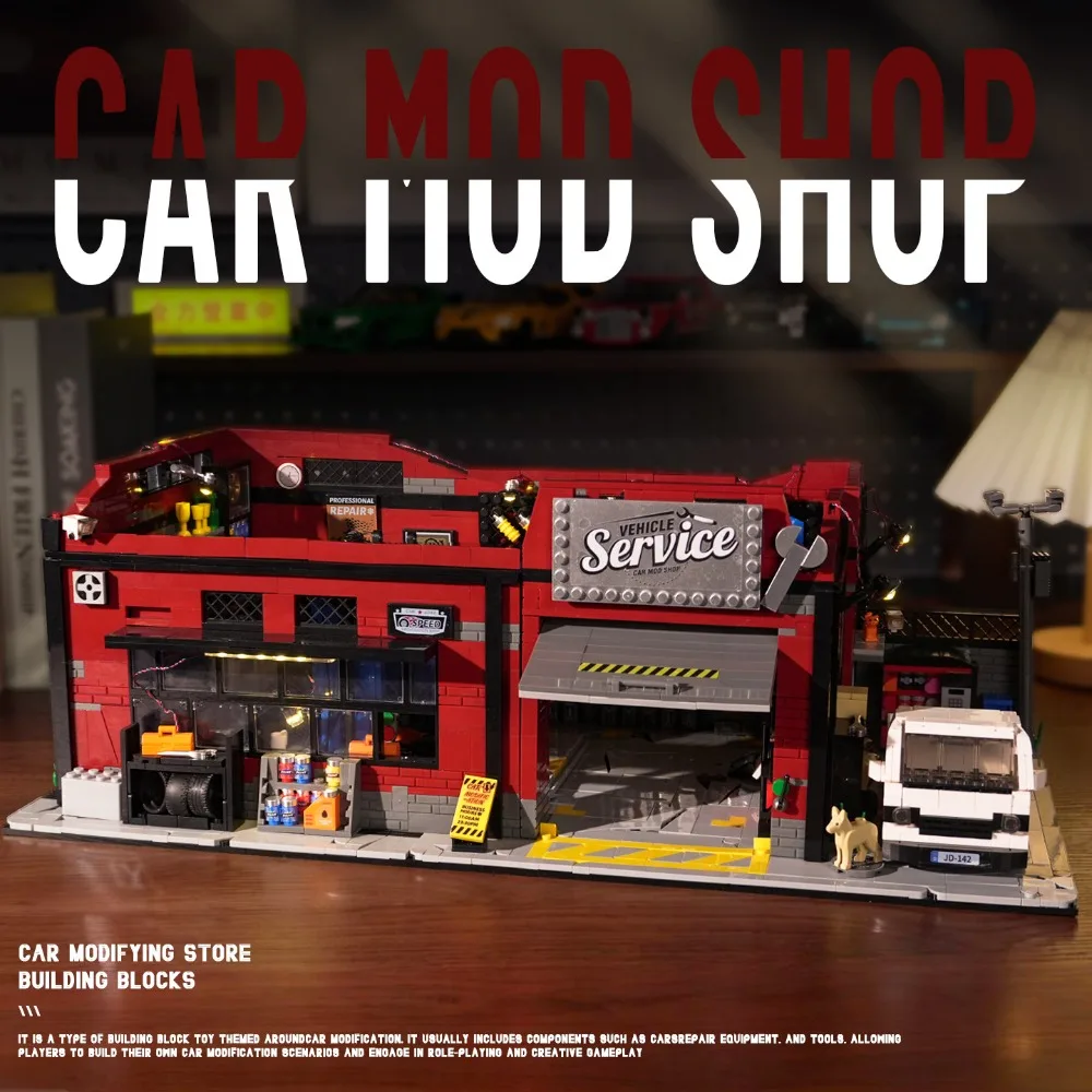 2819PCS Vehicle Service Car Mod Shop Building Blocks Set Retro Garage Street View Construction Bricks Model Kit with Truck and Dog Details DIY Assembly Toys for Adults Ideal Birthday Holiday Gift Home Office Decoration Ornament Collection Display