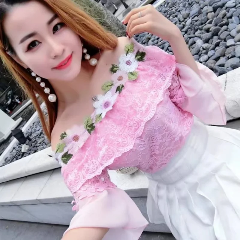 

2026 New Women Summer Mesh Shirt Sweet Floral Lace Blouse Female Slash Neck Short Sleeve Blouses Blusas Bottoming Short Tops