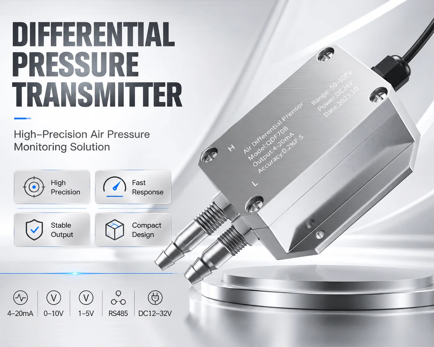 Wind Pressure Transducer 0-500pa 0-1Kpa 0-2Kpa Differential Pressure Transmitter 4-20mA/0-10V/RS485 Wind Pressure Sensor