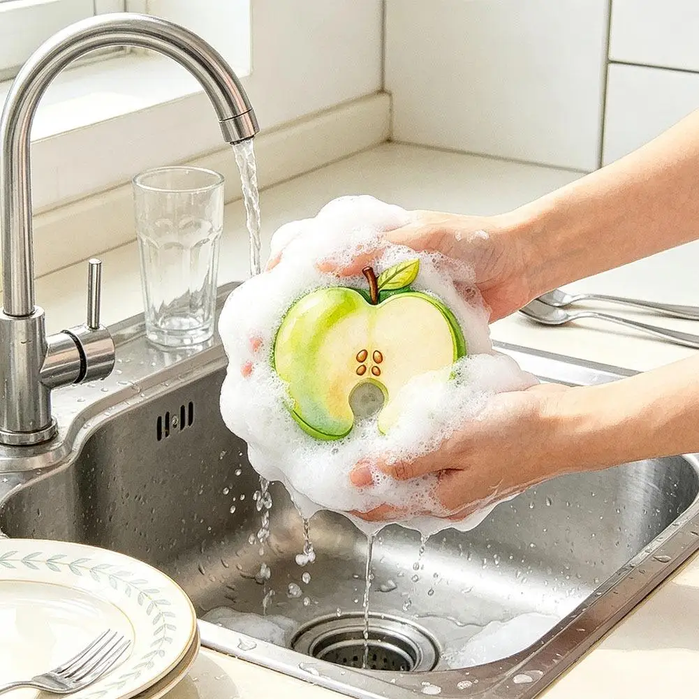 3pcs Reusable Fruit Design Dishwashing Sponge Hanging Faucet Drainable Cleaning Brush Kitchen Sink Washing Tool