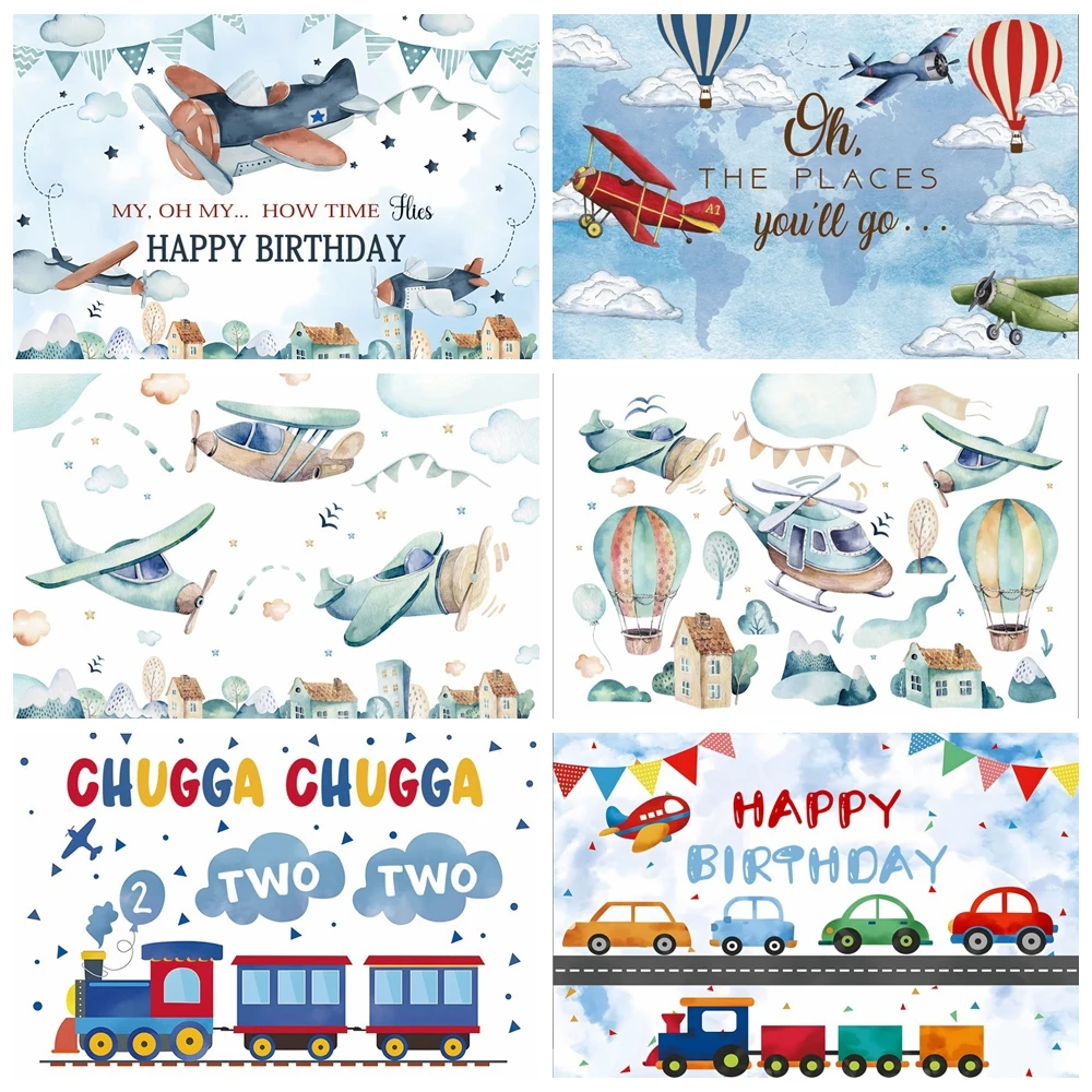 

Baby Birthday Aircraft Backdrop Airplane Adventure Car Hot air Balloon Clouds Baby Shower Birthday Party Background Photo Studio