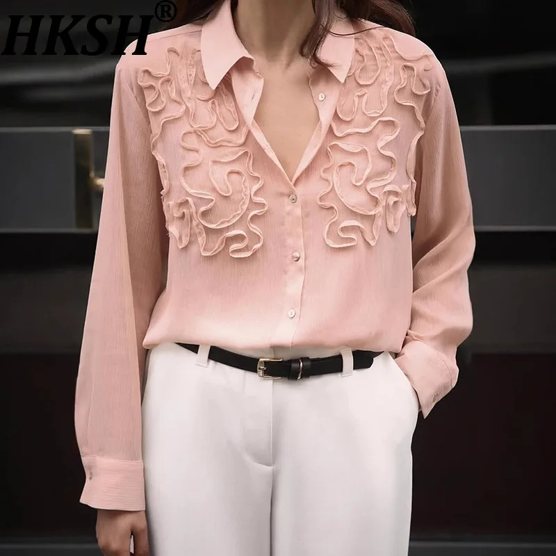 

HKSH Shirt For Women Summer New Turn-down Collar Long Sleeve Single Breasted Solid Color Elegant Fashion High Street Top HK10751