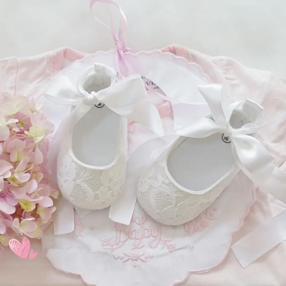 Dollbling White Lace Christening Baby Shoes Perfect Baptism Back Strap Long Tail Ribbon Shoes Ballet Little Girls First Walkers