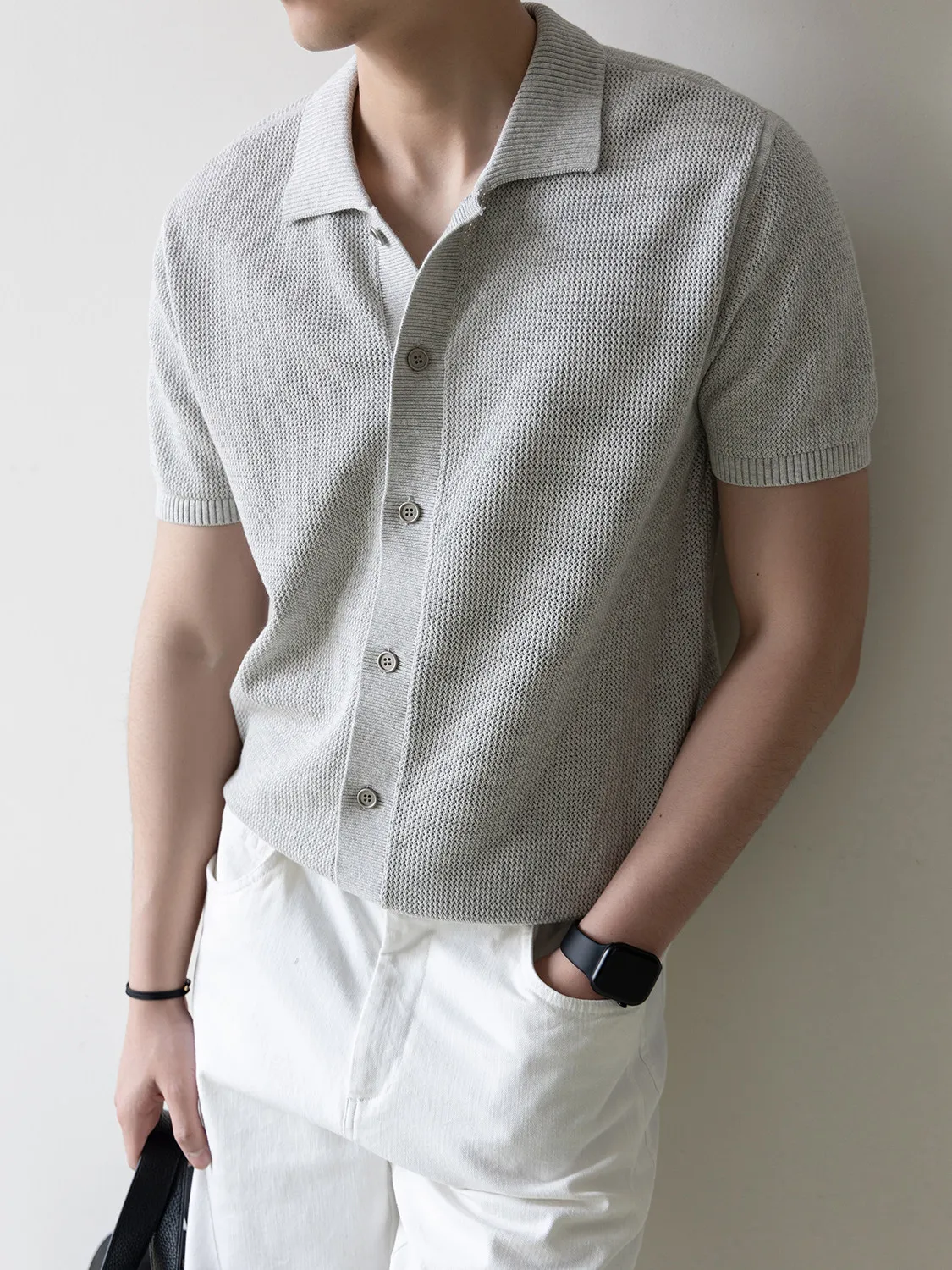 Men's Breathable Short Sleeve  Shirt TWENTY FIVE Hollow out Knitted Design Standard Fit Summer Casual Wear Cotton Nylon