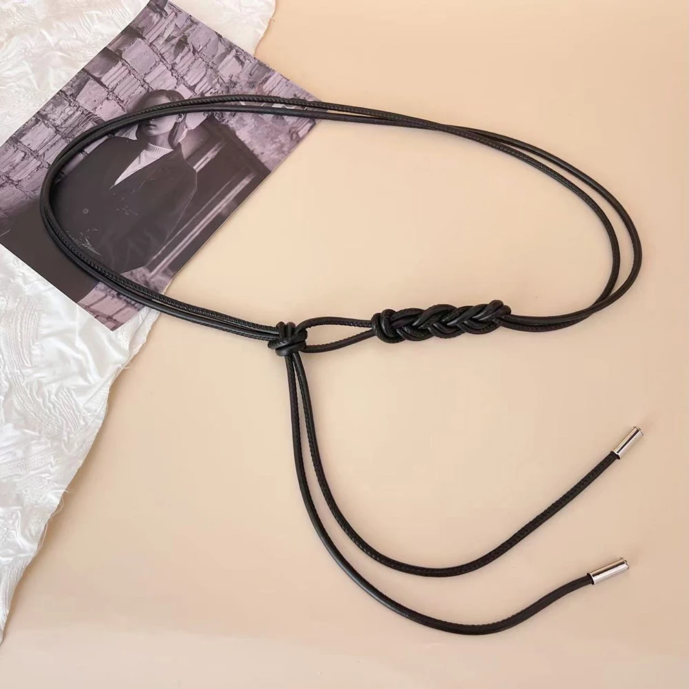 New Braided Leather Thin Belt Metal head Knotted Long Dress String Waistband PU leather Decorative Coat Belt Waist strap