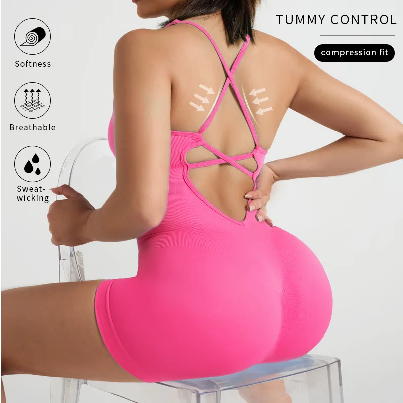 Women's Seamless Cross Backless Summer Sports Jumpsuit  Quick Drying  Tight Fitting  Sexy Suspender  Fitness Outerwear Yoga Suit