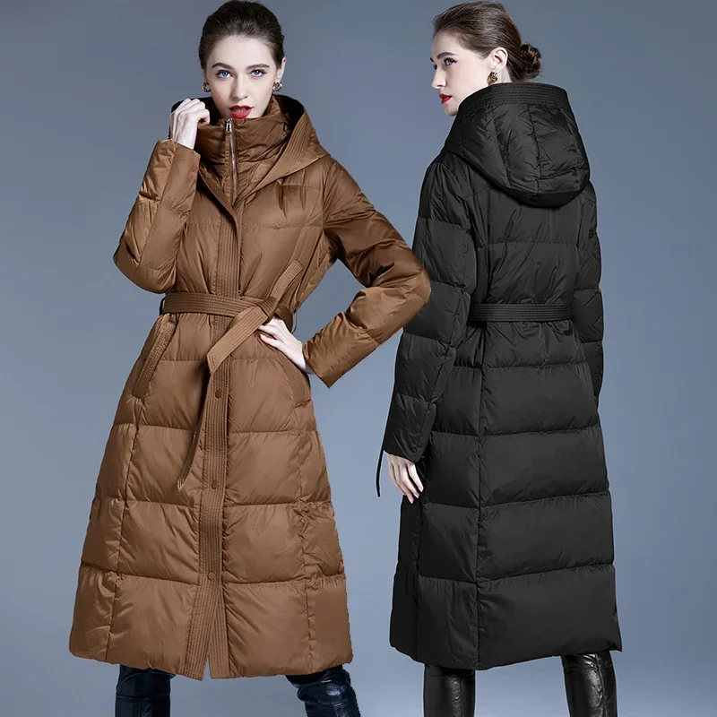 2024 Winter Down Jacket Women Belt Long Over-Knee Loose Coats Extra Thick Korean Style Fashion White Duck High Collar Caramel