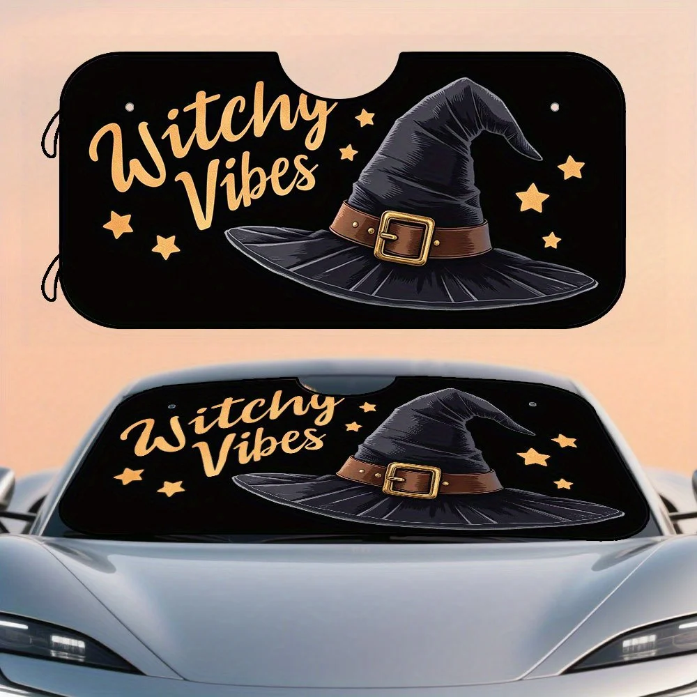 1pc, Celebrate Fall And Halloween In Style With This Foldable Front Windshield Shade Featuring Witch Hat Halloween Gothic Art De
