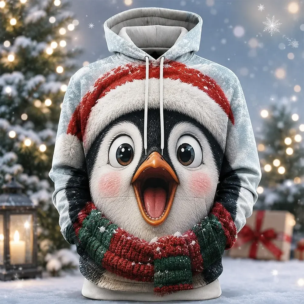 Herren 3D-Weihnachts-Rentier-Santa-Mützen-Print-Pullover-Hoodie, langärmeliges, hässliches Weihnachts-Party-Sweatshirt mit Kängurutaschen – Detail 4