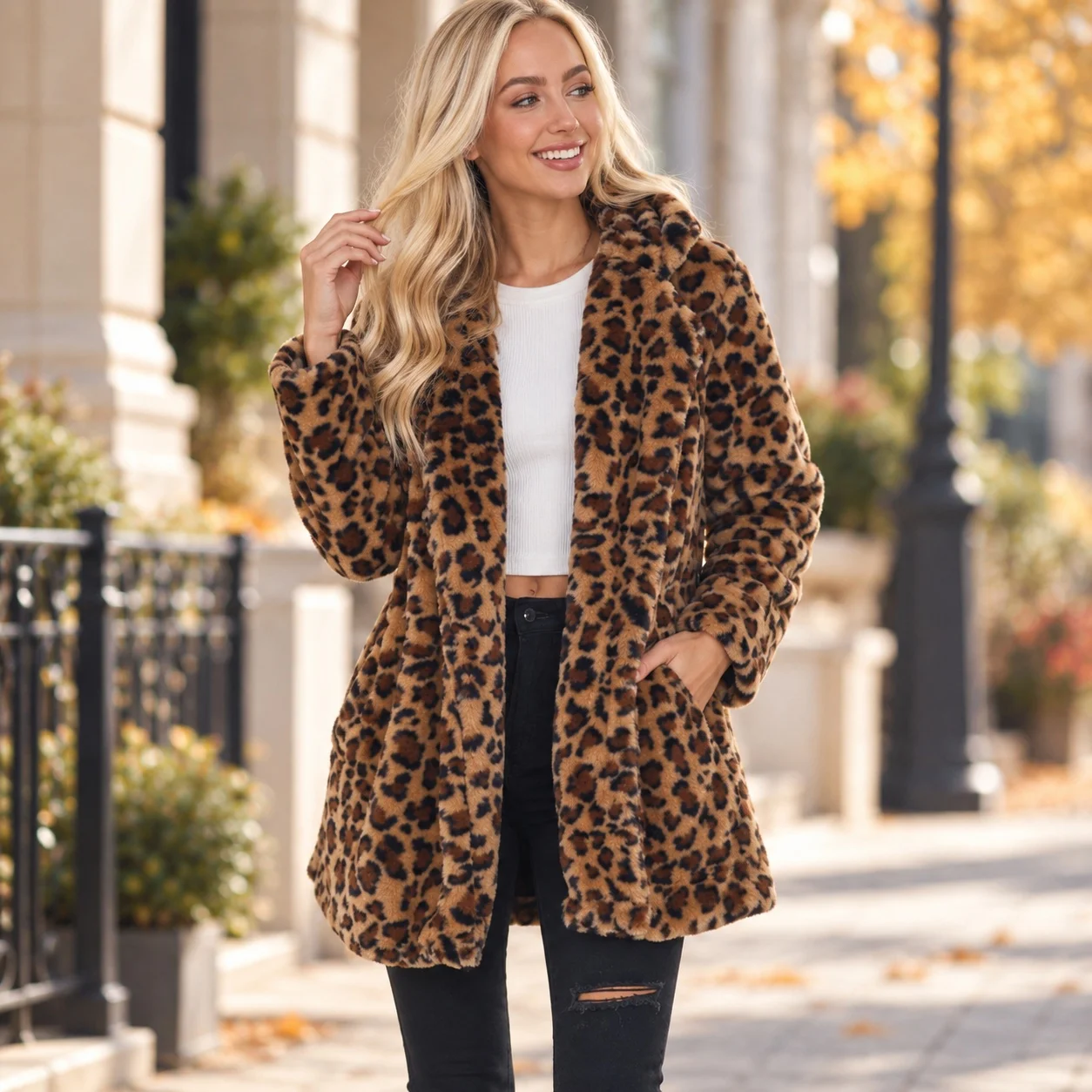 Leopard Print Loose Fit Coat Mid Length with Wrinkle Finish No Button Closure Urban European and American Women Winter Jacket
