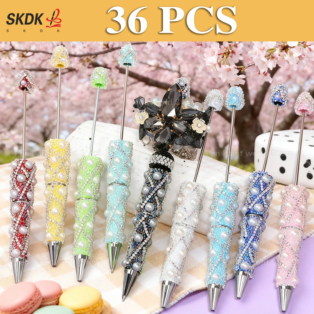 36 قطعة من قلم حبر جاف بسلسلة قزحي الألوان من اللؤلؤ - قلم خرز مغطى بحجر الراين بالكامل هدية للمكتب والمدرسة