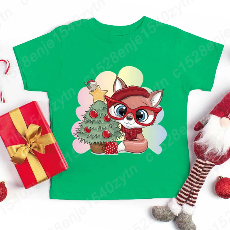 Christmas Tree Fox Print Tee Shirt Summer Casual T-shirt For Kids Children Boys Girls Round Neck Short-sleeved Tees Fashion Tops