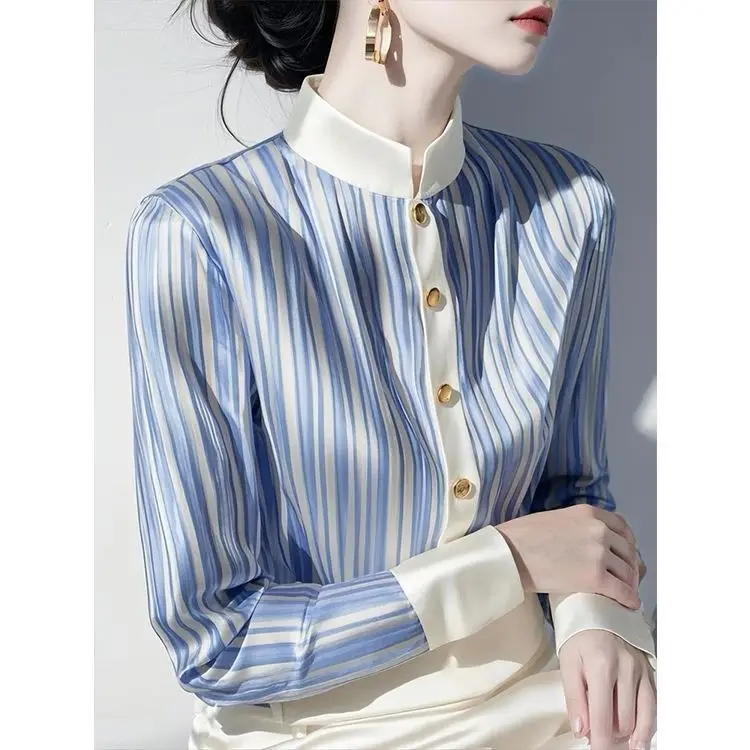 

Chiffon Shirt for Women Spring New Unique Gray Contrasting Striped Button Long-sleeved Cardigan TT836