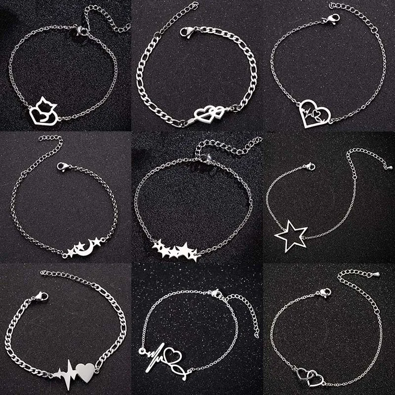 Geometric Stainless Steel Hearts Star Charm Bracelet Women Fashion Heartbeat Wristband Jewelry Girls Daily Bracelets Accessories