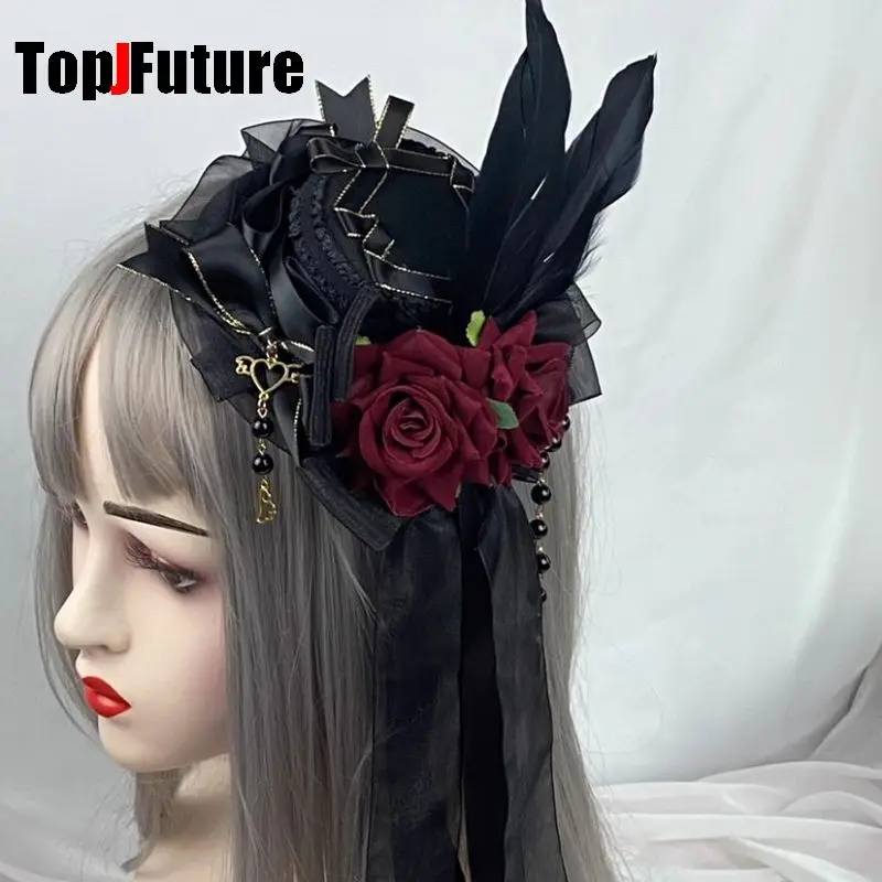 Headwear Spike Lolita Y2K Girl Gothic Punk Harajuku Ball Rose Pearl Feather Small Hat Elegant Hairpins Clip Hair Clip Hairgrips