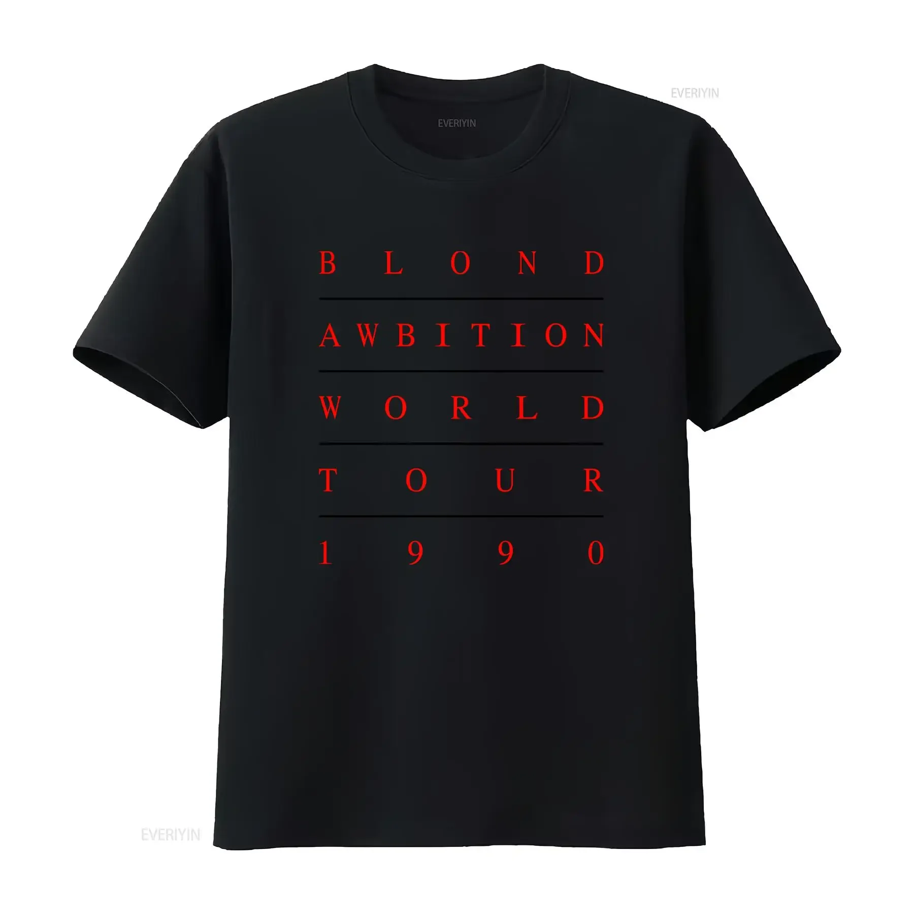 T-shirt vintage 1990 Blond Ambition World Tour avec impression texte rouge, style streetwear décontracté, délavé, polyvalent, élégant et extensible