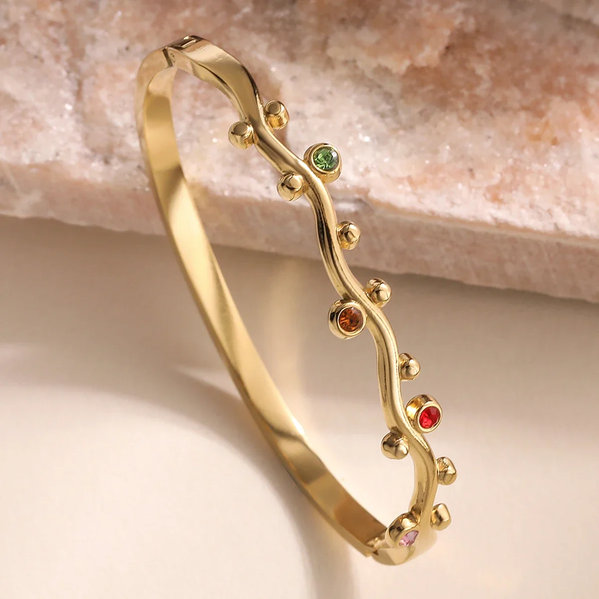 NEWBUY 316L Stainless Steel Wavy Branch Bangle Bracelet 2 Styles Colorful & Clear CZ Waterproof Stackable Gold Jewelry