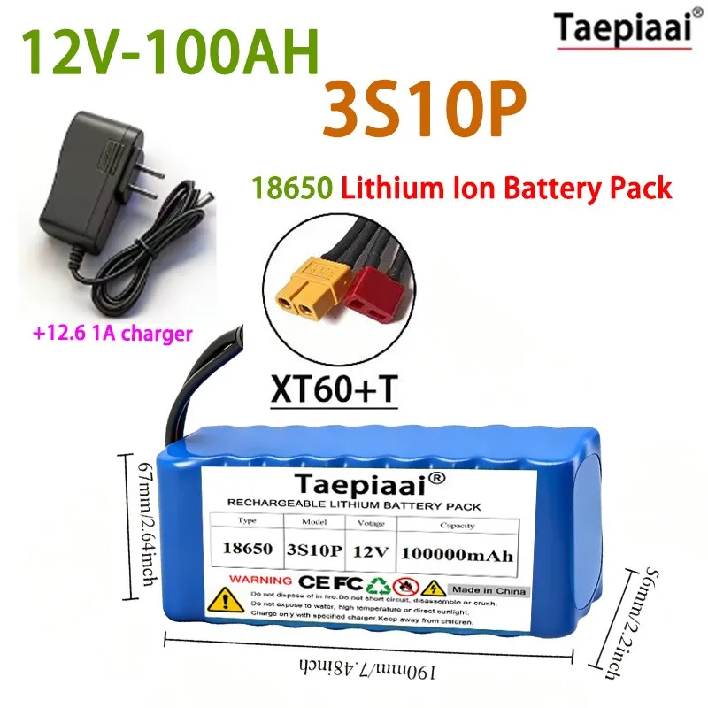 3S10P 18650 Battery Pack 12V 100AH  Rechargeable Li-ion Battery Super Large Capacity with 12.6V Charger For Drill Power Supply