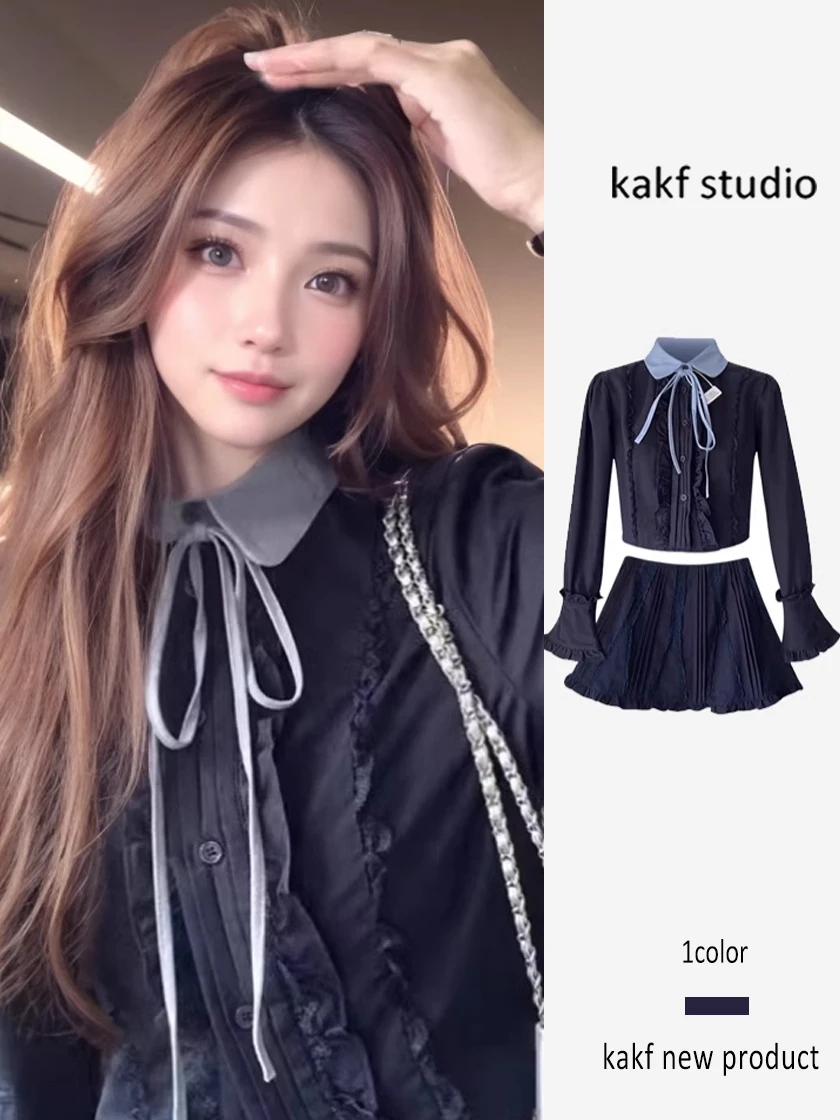 

Весенний ранний колледж Sle, корейский драматический наряд, кружевная юбка трапециевидной формы с высокой талией, комплект из двух предметов, женская мода