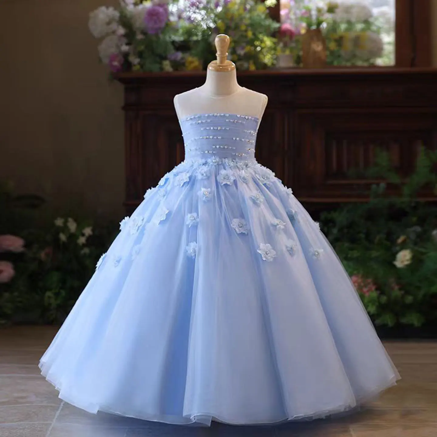 

Dreamy Vow Elegant Tube Top Design Applique Beading Flower Girl Dress Sleeveless Wedding Birthday Holiday Communion Party J802
