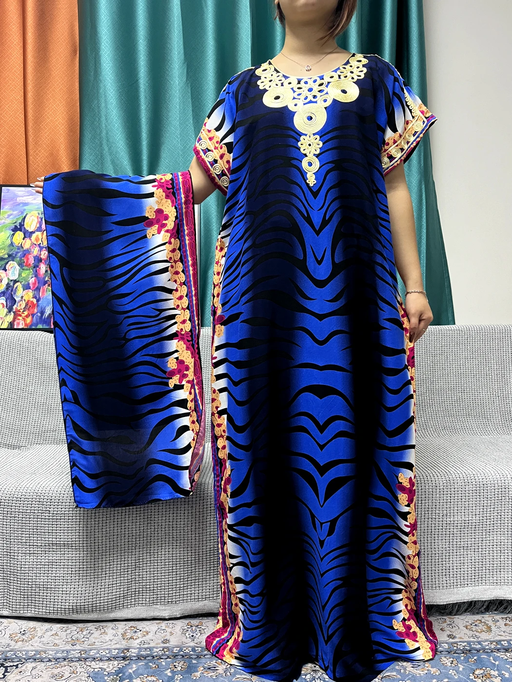 Muslim Abayas For Women 2024 Appliques Cotton Printed Leopard Short Sleeves Loose Femme Robe African Islam Dresses With Turban