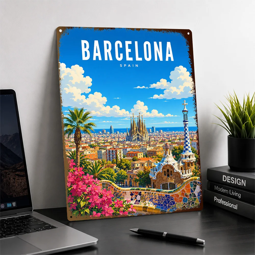 Barcelona Spain Travel Textured Poster Customized Metal Tin Sign Vintage Cityscape Tribute Wall Art For Globetrotters In Foyer