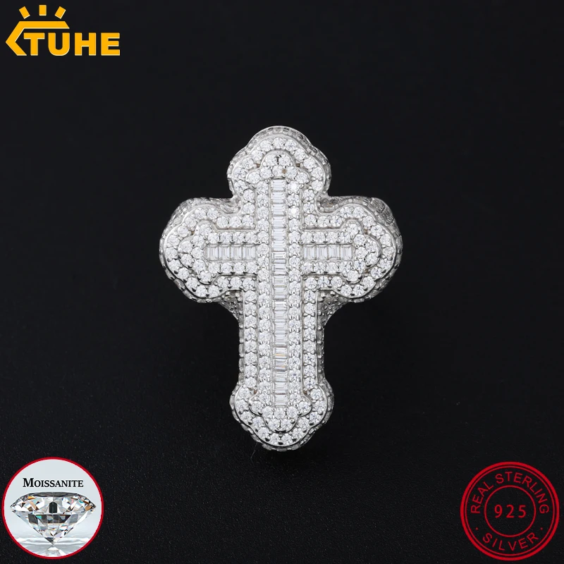 

TUHE Unisex Rings Iced Out Baguette Cross Rings S925 Silver VVS1 Moissanite For Men Hip Hop Jewelry