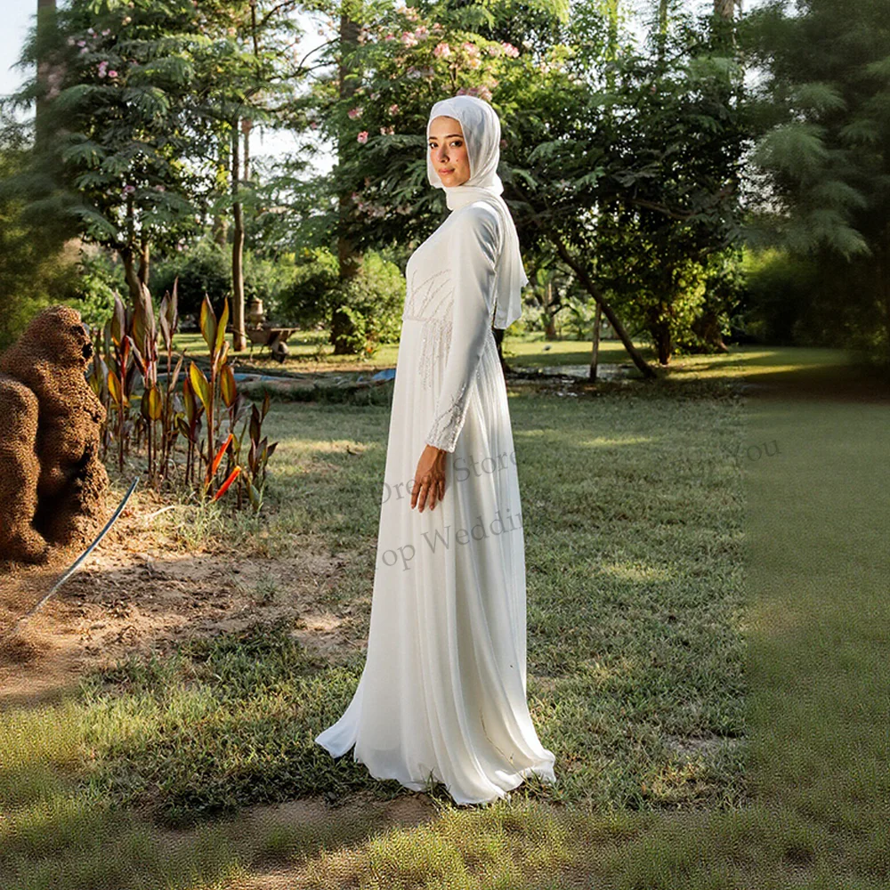 Beaded Chiffon Muslim Wedding Dress Long Sleeve Matching Hijab Modest Bride Dress Customized White Civil Bride Bridal Gown