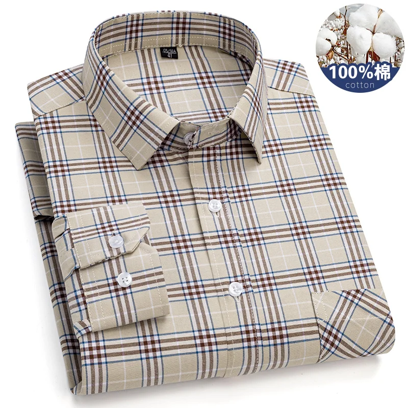 6XL Men\'s long-sleeved shirt with pockets 100% cotton high quality stylish plaid Oxford fabric Breathable no-iron casual