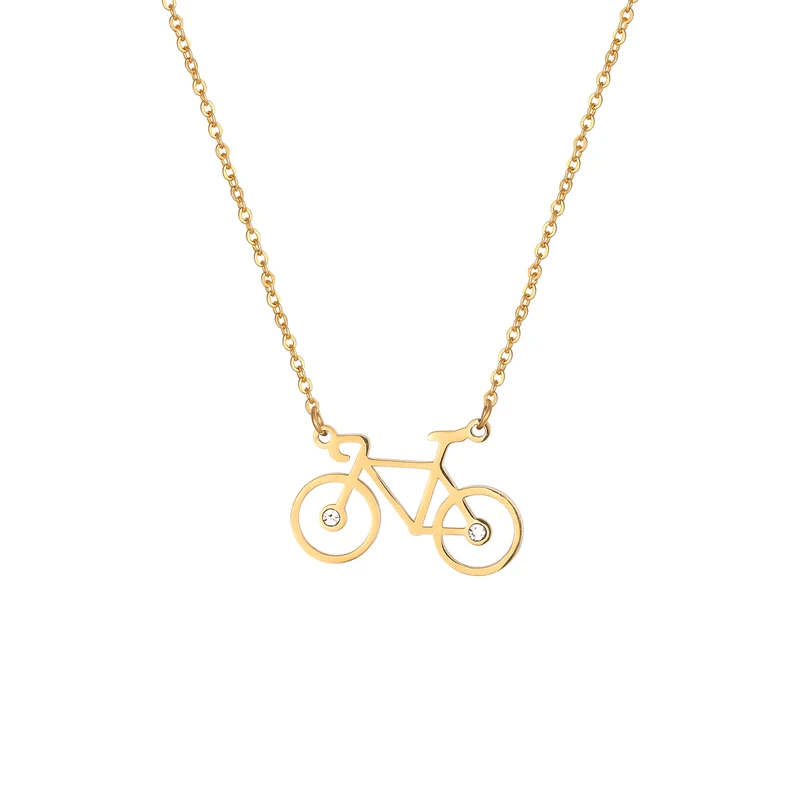 Vintage Zircon And Stainless Steel Bike Shape Pendant Necklace Woman Gold Color Jewelry Cute Sports Gift Drop Shipping