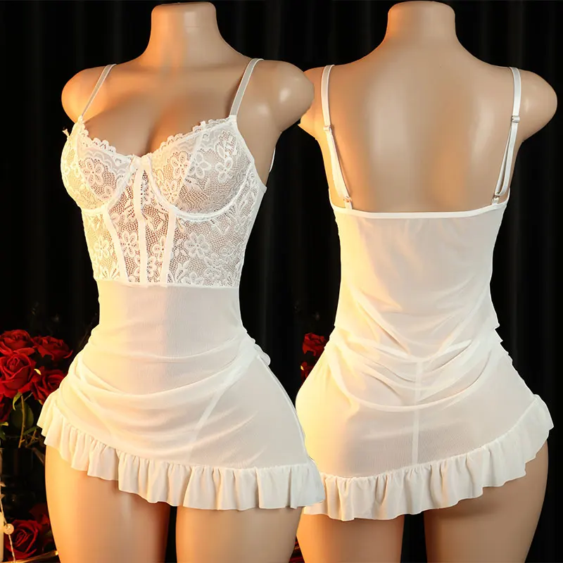 Hot Short Nightdress Set Women's Sexy Lingerie Sleepwear Seductive Thong Sets Sleeveless Ultra-Sheer Night Dress White Nightgown